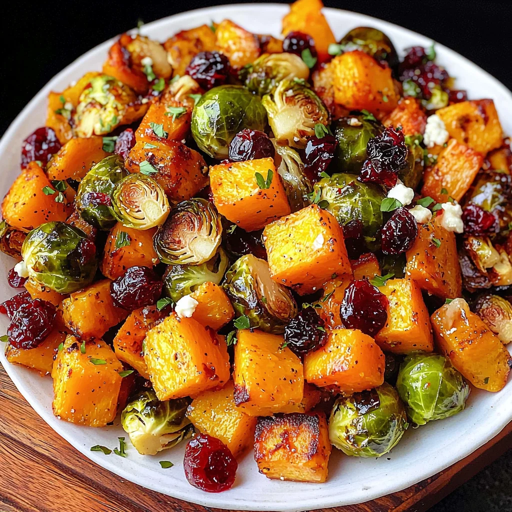 Cranberry-Glazed Roasted Butternut Squash, Brussels Sprouts, and Sweet Potato Salad