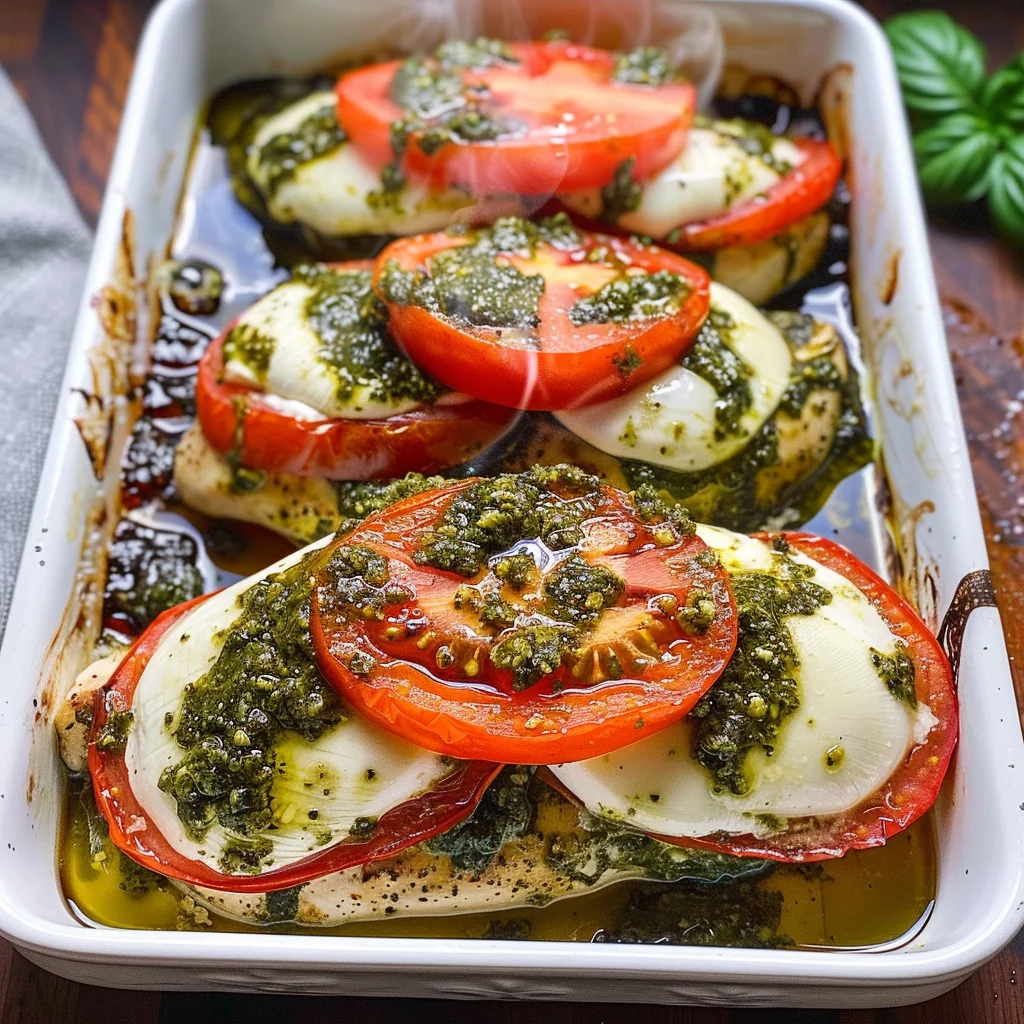 Basil Pesto Tomato Mozzarella Chicken Bake