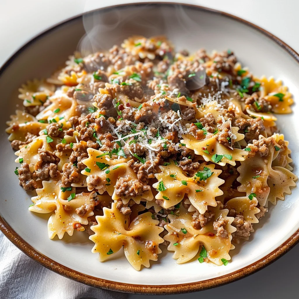 Garlic Butter Bowtie Pasta with Ground Beef Recipe