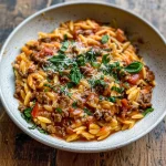 Ground Beef Orzo with Tomato Cream Sauce and Fresh Basil