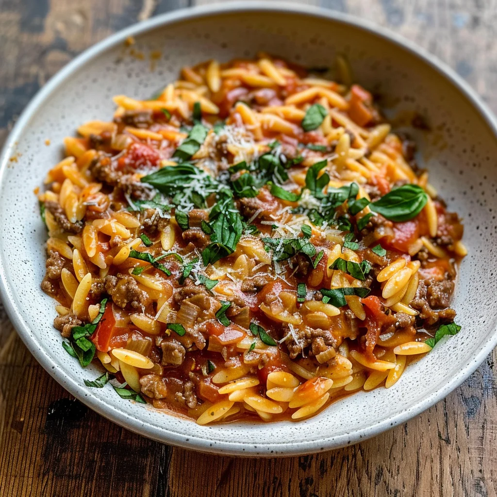 Ground Beef Orzo with Tomato Cream Sauce and Fresh Basil