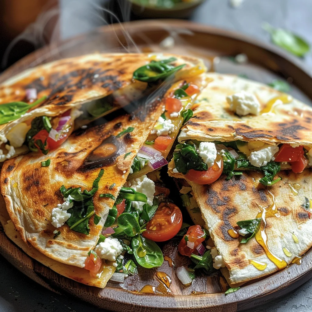 Mediterranean Quesadillas with Spinach, Feta, Mozzarella, and Red Onion