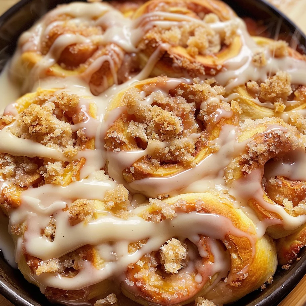 Peach Cobbler Cinnamon Rolls with Crumb Topping