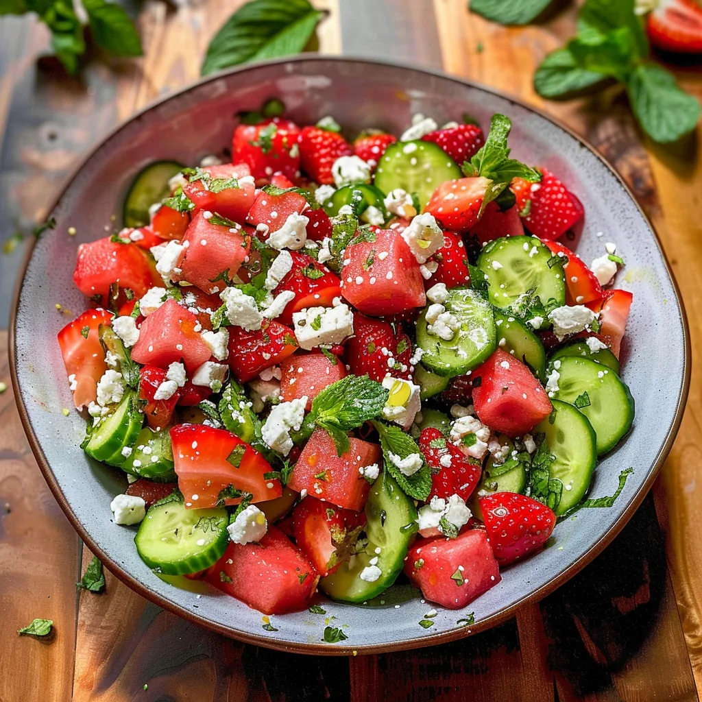 Watermelon Cucumber Salad with Strawberries and Feta