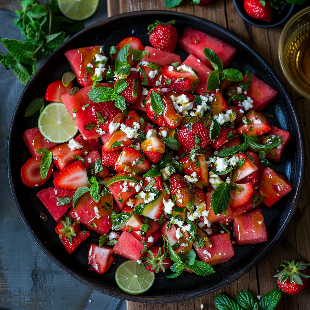 Watermelon Salad With Strawberries & Honey Lime Dressing