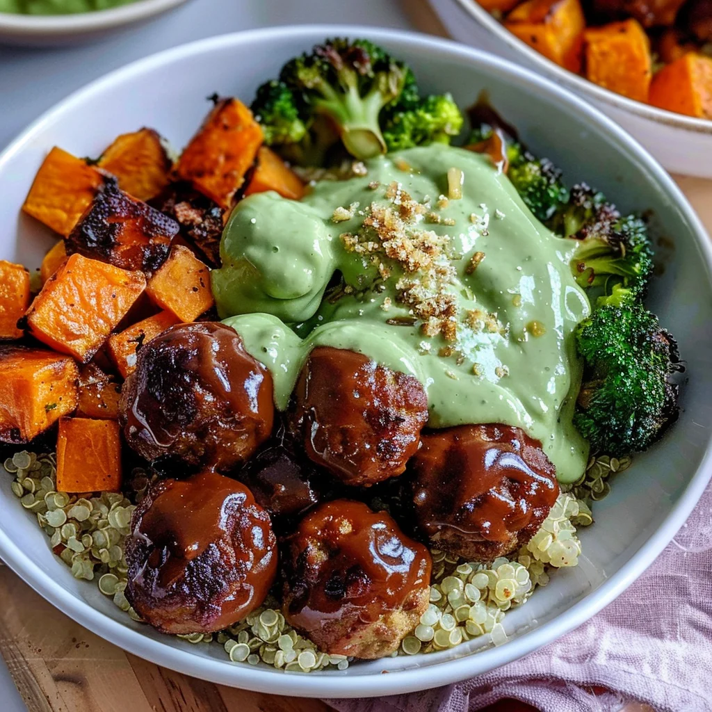 Barbecue Meatball Bowls with Avocado Goddess Sauce