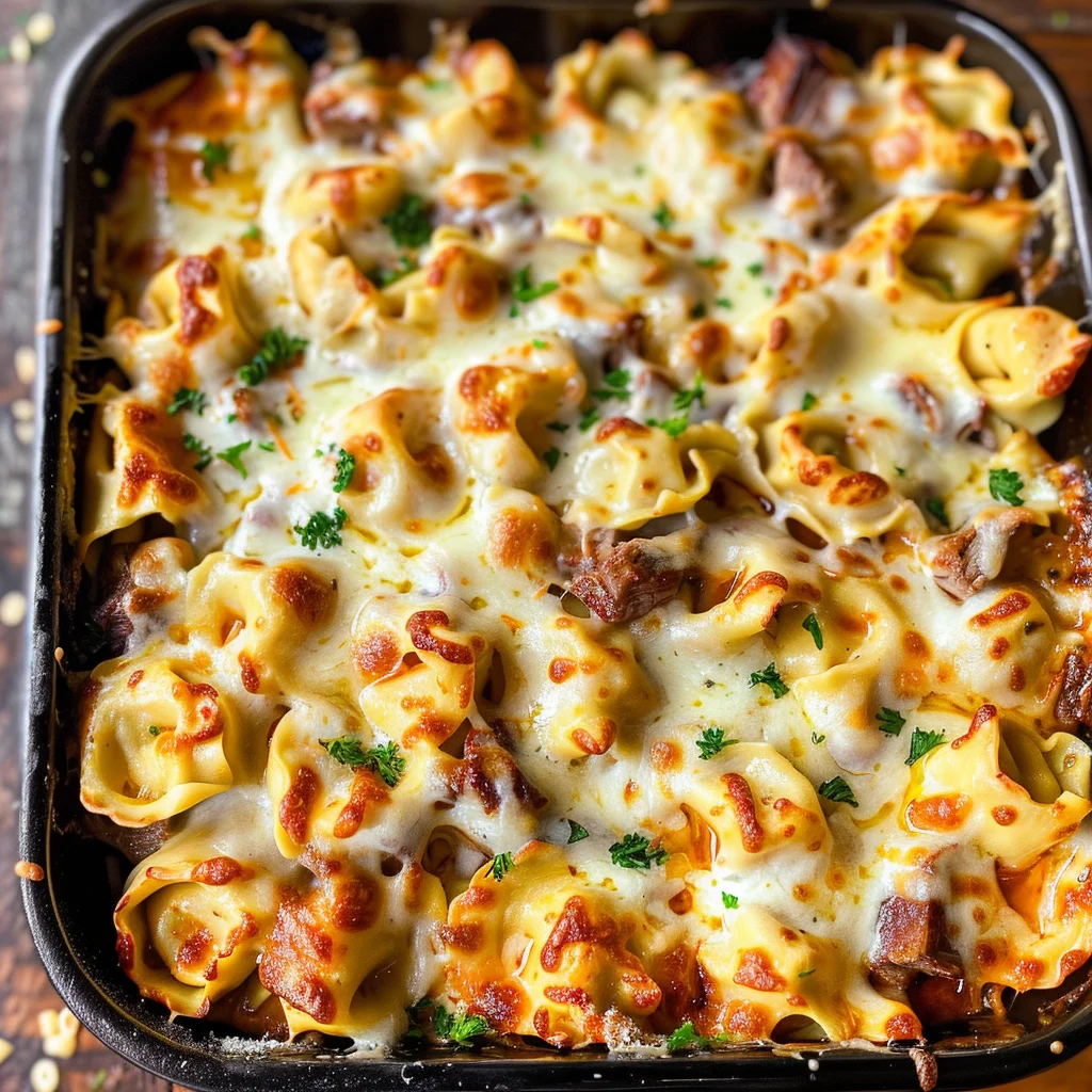Golden Cheese Steak Tortellini Casserole