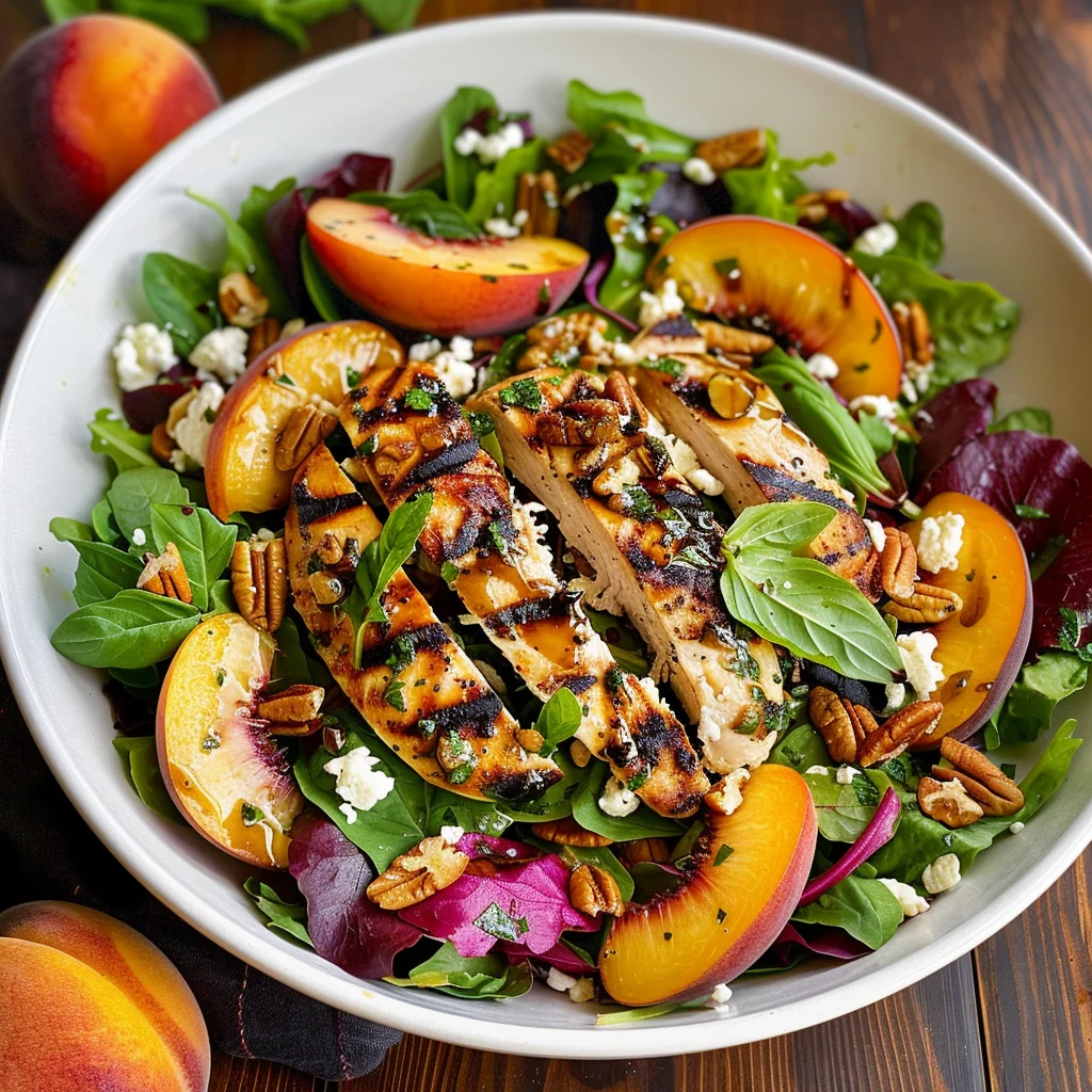 Grilled Chicken, Peach, Pecan and Goat Cheese Salad with Basil Vinaigrette