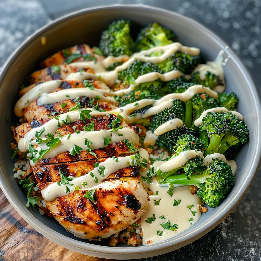 Grilled Chicken & Broccoli Bowls with Creamy Garlic Sauce