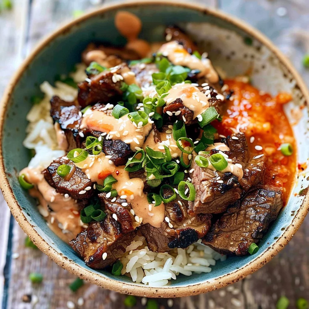 Korean BBQ Steak Rice Bowls with Spicy Cream Sauce