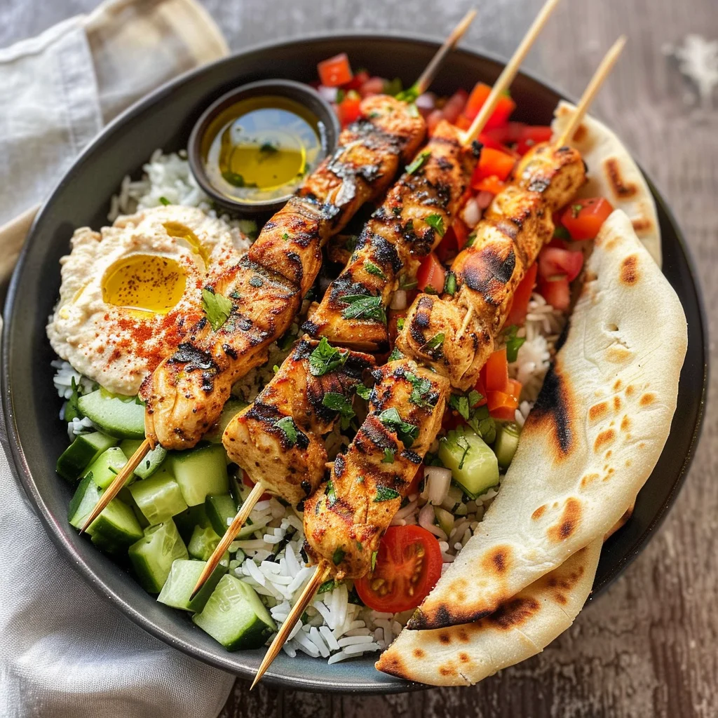 Mediterranean Bowl with Grilled Chicken Tawook Skewers