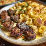 Steak Bites and Shell Pasta in Garlic Butter Alfredo Sauce