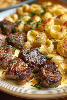 Steak Bites and Shell Pasta in Garlic Butter Alfredo Sauce