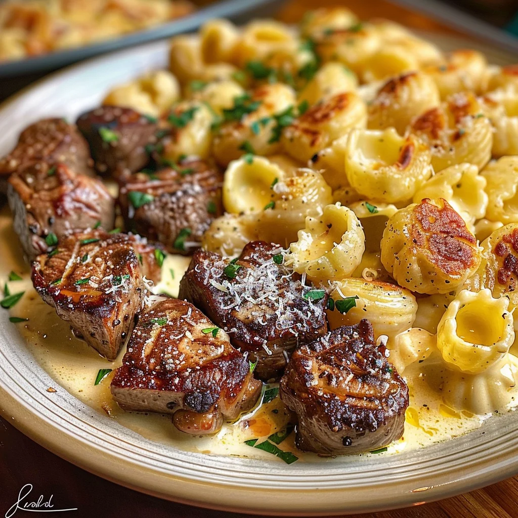 Steak Bites and Shell Pasta in Garlic Butter Alfredo Sauce