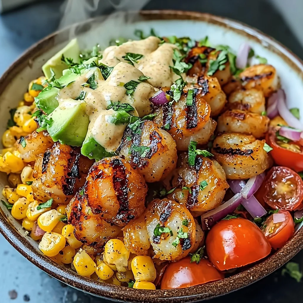 Grilled Shrimp Bowl with Avocado, Corn Salsa & Creamy Garlic Sauce: An Incredible 7-Ingredient Recipe