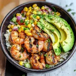 Grilled Shrimp Bowl with Avocado, Corn Salsa & Creamy Garlic Sauce