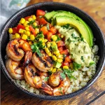 Grilled Shrimp Bowl with Avocado, Corn Salsa & Creamy Sauce