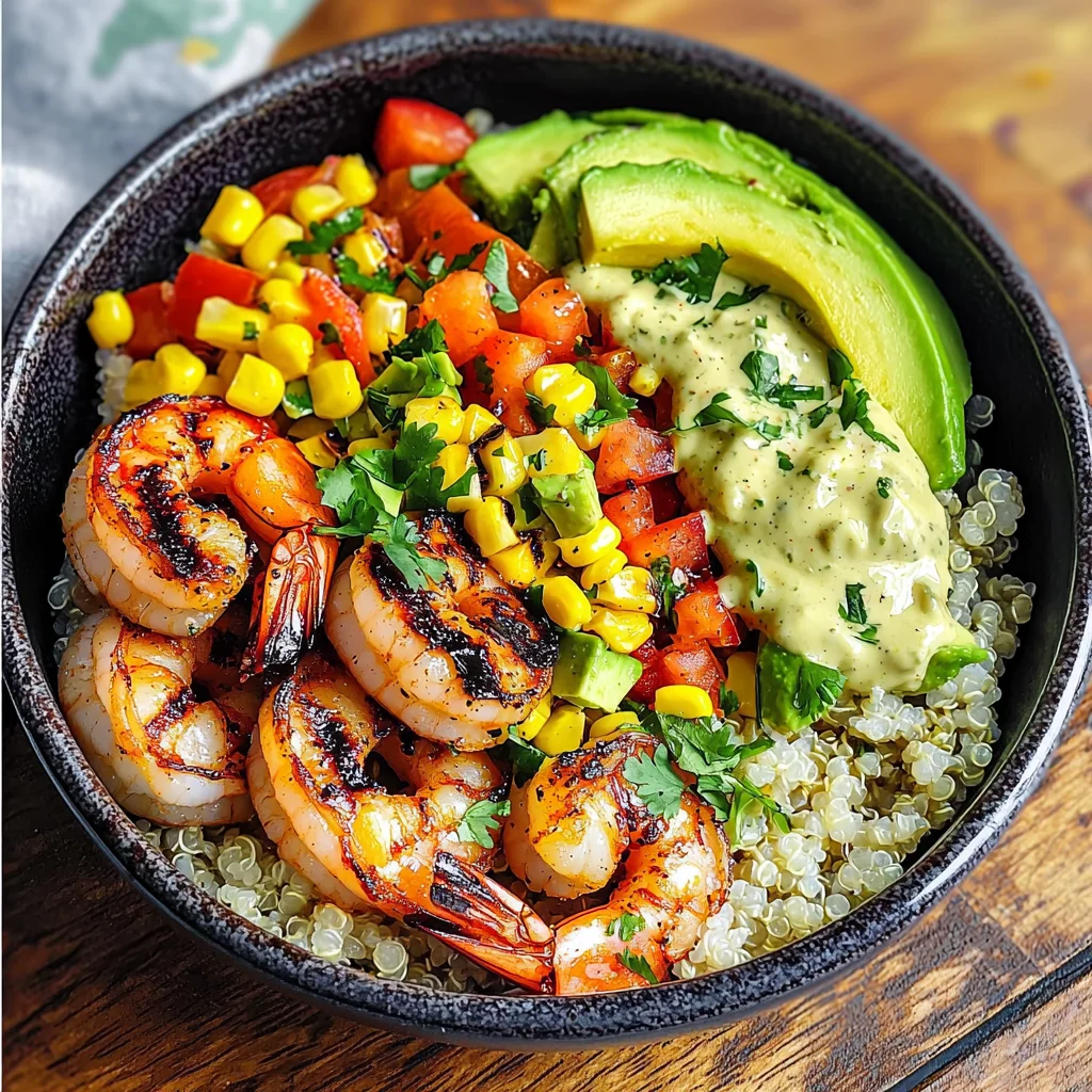 Grilled Shrimp Bowl with Avocado, Corn Salsa & Creamy Sauce