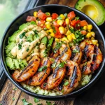 Grilled Shrimp Bowl with Avocado, Corn Salsa & Creamy Sauce