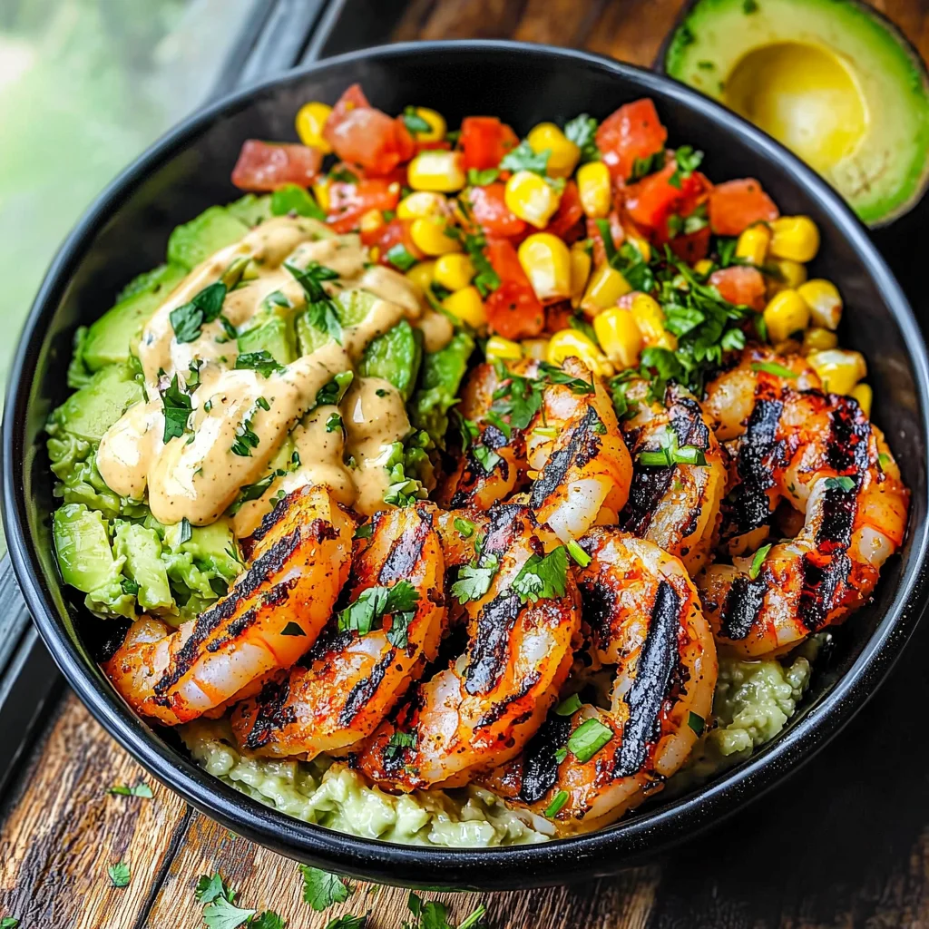Grilled Shrimp Bowl with Avocado, Corn Salsa & Creamy Sauce